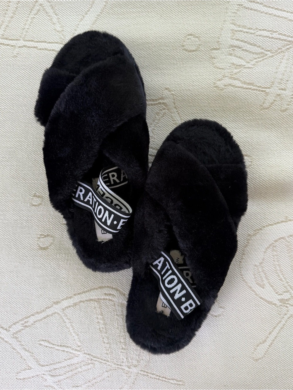BCBGeneration Black Fuzzy Slide with Branded Elastic Strap